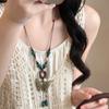 Wood bead butterfly leaf ceramic oval pendant necklace retro ethnic style collarbone chain niche design item decoration
