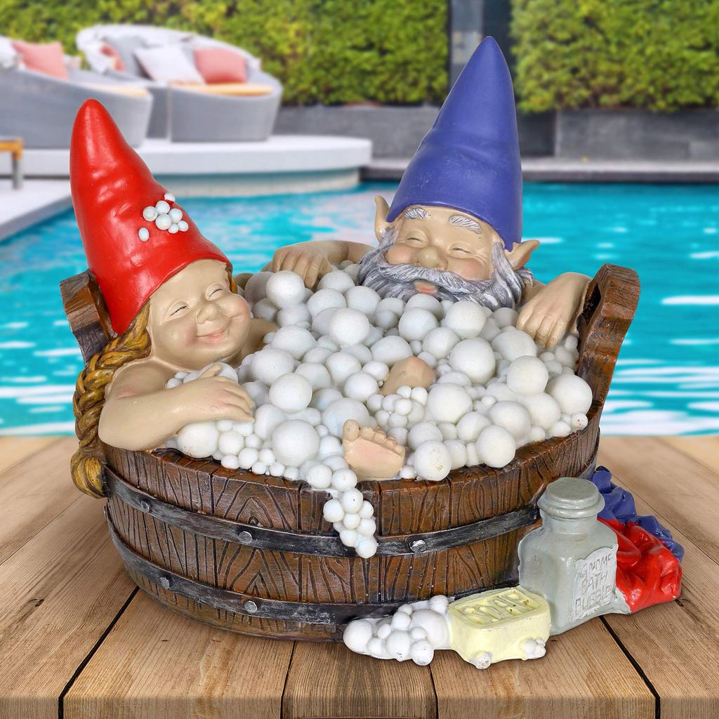 Exhart Solar Good Times Bubble Bath Garden Gnomes-Funny Gnome Couple In Bathtub