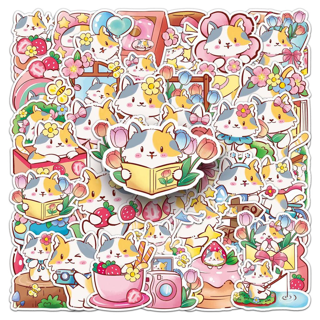 50 Waterproof Spring Kitten Stickers - Cute Cartoon Animals, Decorative Mochi Stickers, Glue Drip Resistant, Pack of 50 Sheets