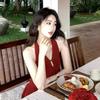 French Retro Red Neck Suspender Dress Women's Summer New Seaside Vacation Temperament Waist Dress 2026