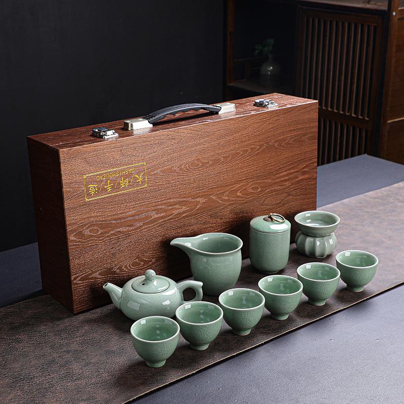 11pcs Ge kiln tea set, Kung Fu tea, high-end gift box, gift wholesale, ceramic teapot, teacup, Kung Fu household full set