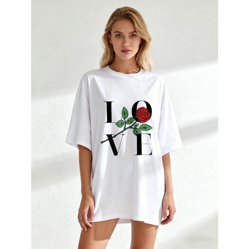 Black Oversized T Shirt Love Rose Print Graphic Tee For Casual Wear And Romantic Outfits
