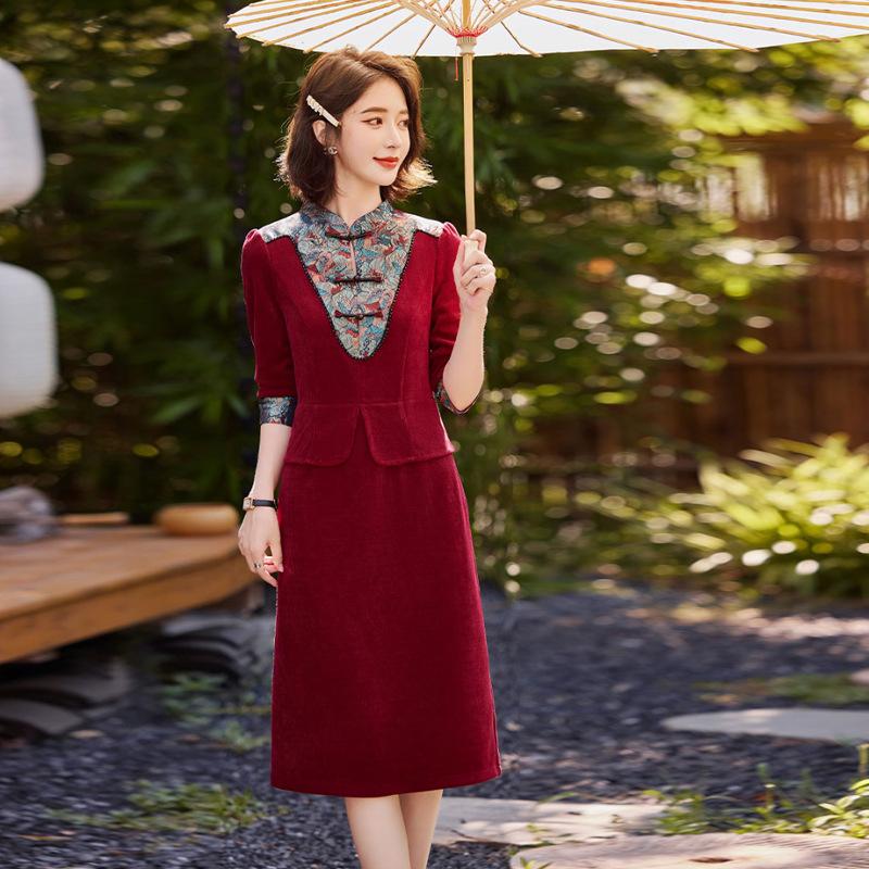 

Dress women s spring and autumn new long-sleeved temperament thin retro buckle fake two-piece skirt M