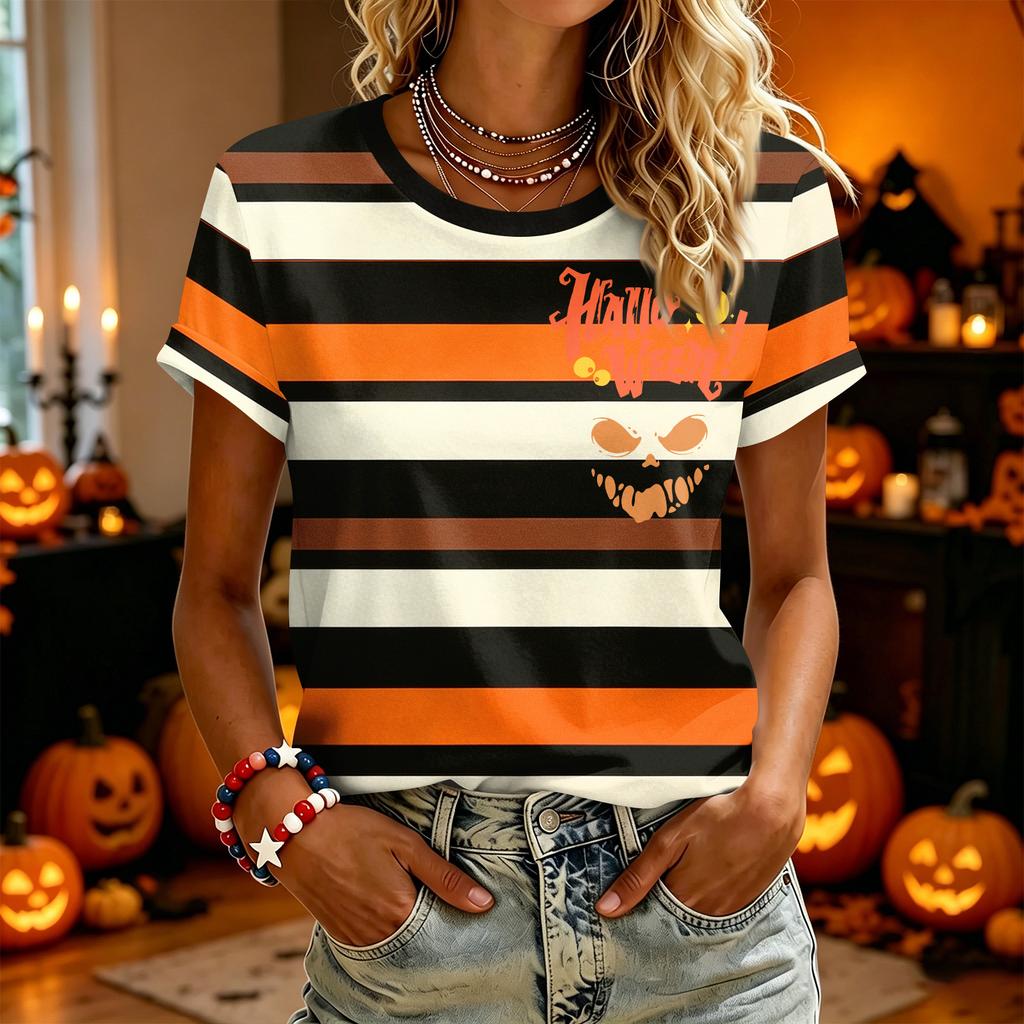 Women's Halloween Print Short Sleeve T-Shirt, Fashion Casual Neck Top for Festivities
