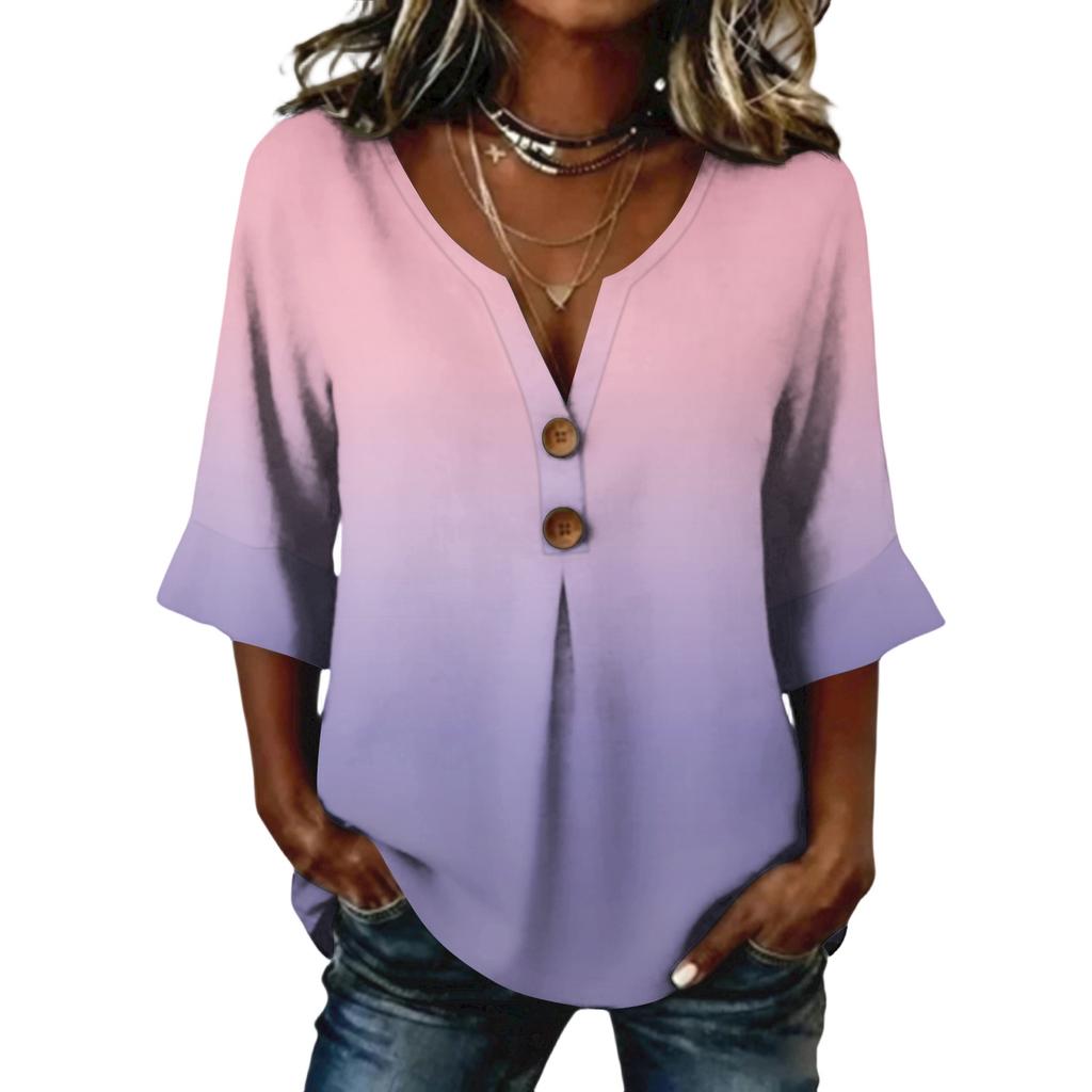 Ladies' gradient printed button casual V-neck fashionable seven quarter sleeve top