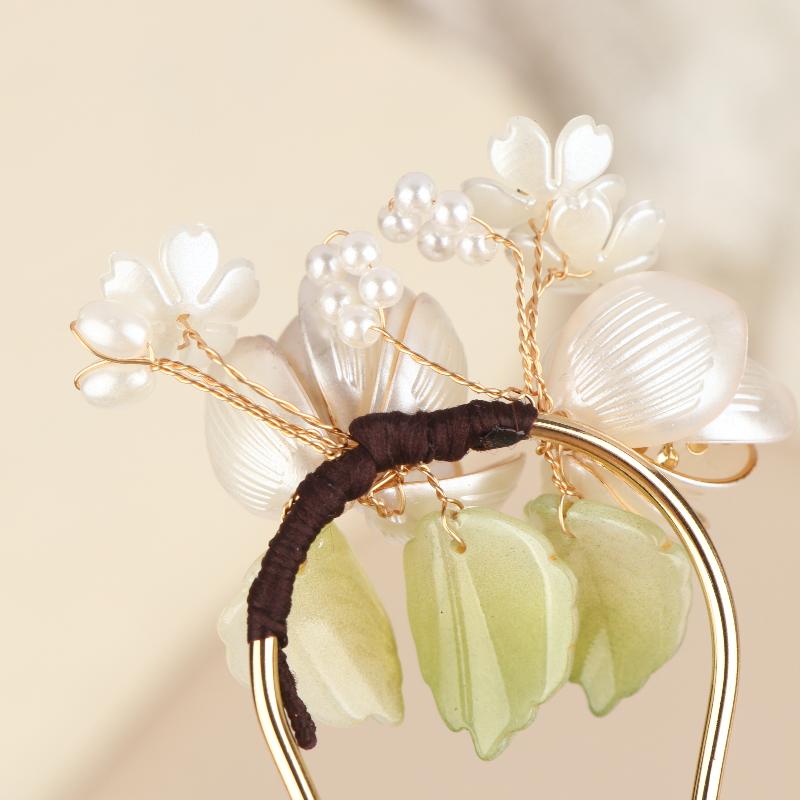 1Pcs U Shape Jade Orchid Hairpin For Women Vintage Chinese Style Wrapping Flower Hairpin Handmade Metal Jewelry Hair Accessory