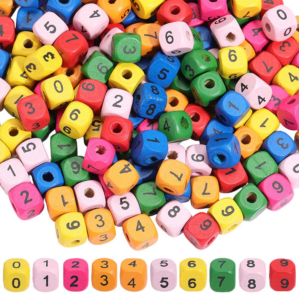 600Pcs Wood European Beads Cube with Number Large Hole Beads Mixed Color 10.5x10.5x10.5mm Hole: 4mm