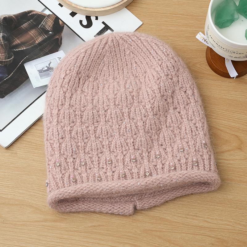 

Autumn and winter hats, women s big head circumference, small knitted hat, bright diamonds, advanced sense, ear protection, warm wool hat Average Size