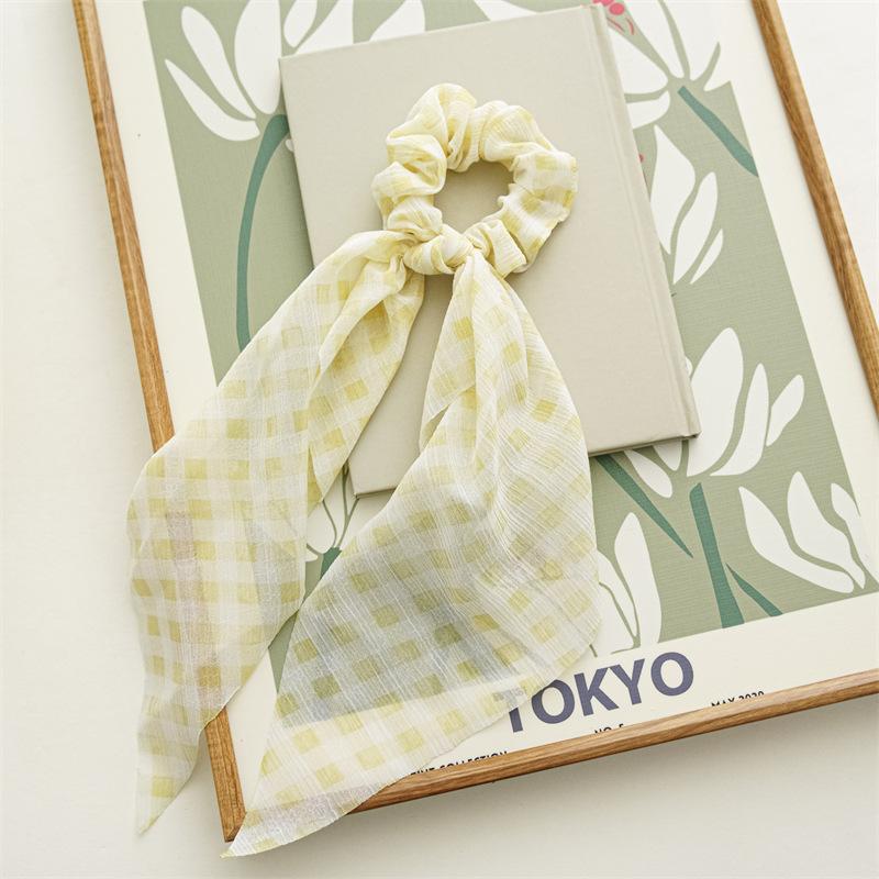 Chip Flower Grid Print Bow Hair Scarf Hair Scrunchies Chiffon Floral Scrunchie Hair Bands Ponytail Holder Scrunchy Ties 34cm 1Pc