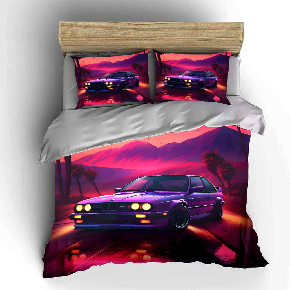 Purple Retro Car With Dreamy Background Bedding Set 1 Duvet Cover 2 Pillowcases For Adult And Children Luxury Gift Full Size