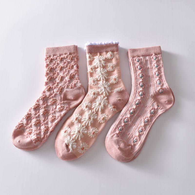 5 Stück/weiße florale Mid-Tube-Socken für Damen, trendige japanische Pudernebelfarbe, Student Loli Spring, dünner Abschnitt, JK-Socken, Pink, Neu
