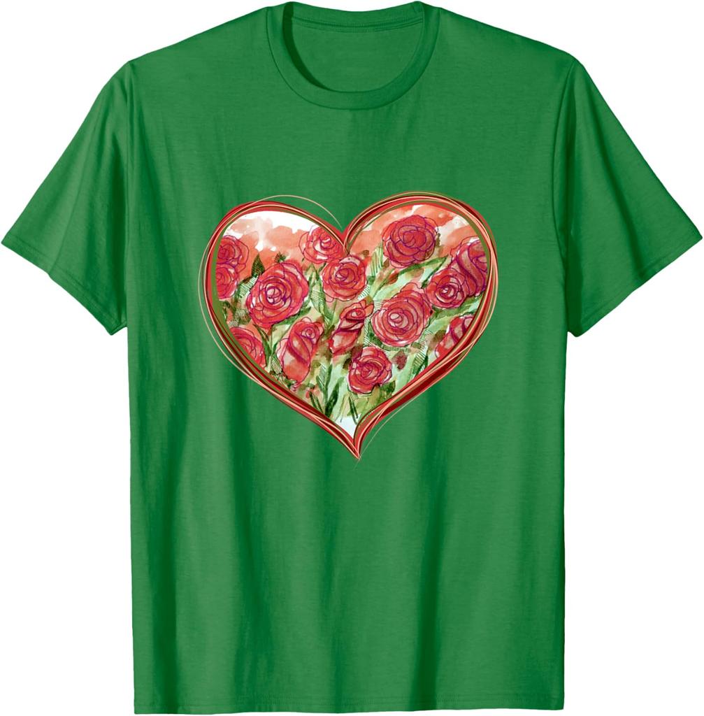 Red Rose Heart Garden Watercolor Graphic Tee Casual Cotton T-Shirt For Men
