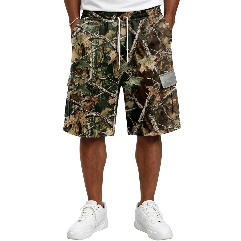 Men's Tree Camouflage Drawstring Shorts, Casual Relaxed Loose Fit Short Pants for Summer, Outdoor, Daily Activities