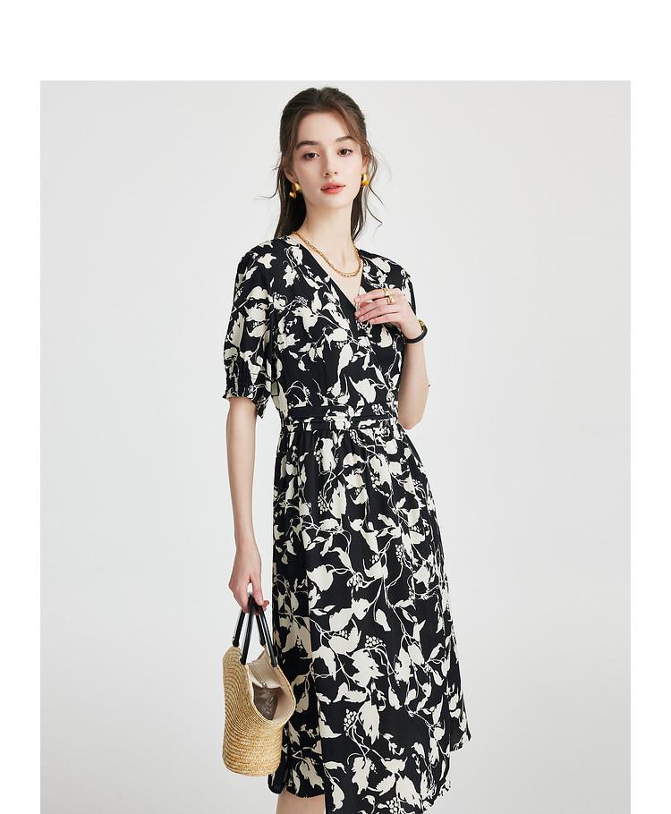 Heavy 19 Mu Mulberry Silk 26 Spring/Summer V-neck Reduced Age Printed Waist Elegant Medium to Long Dress