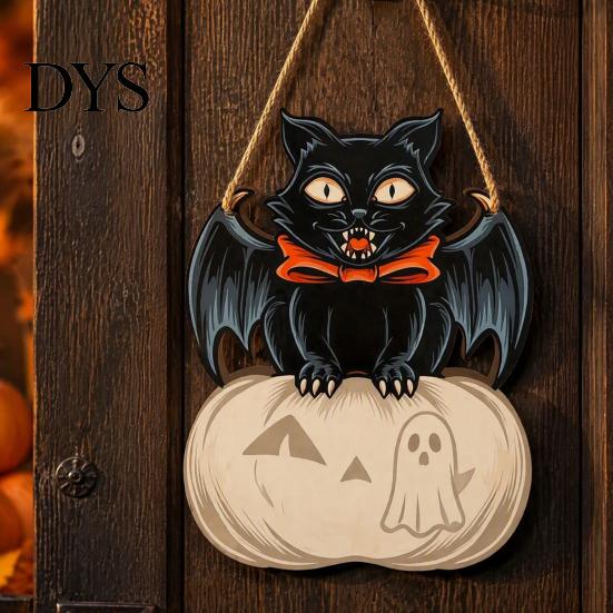 Autumn Theme Wall Ornament Halloween Wooden Door Hanging Sign, Black Cat Bat Pumpkin Plaque with Creative Holiday Party Supplies Jute Rope, Farmhouse