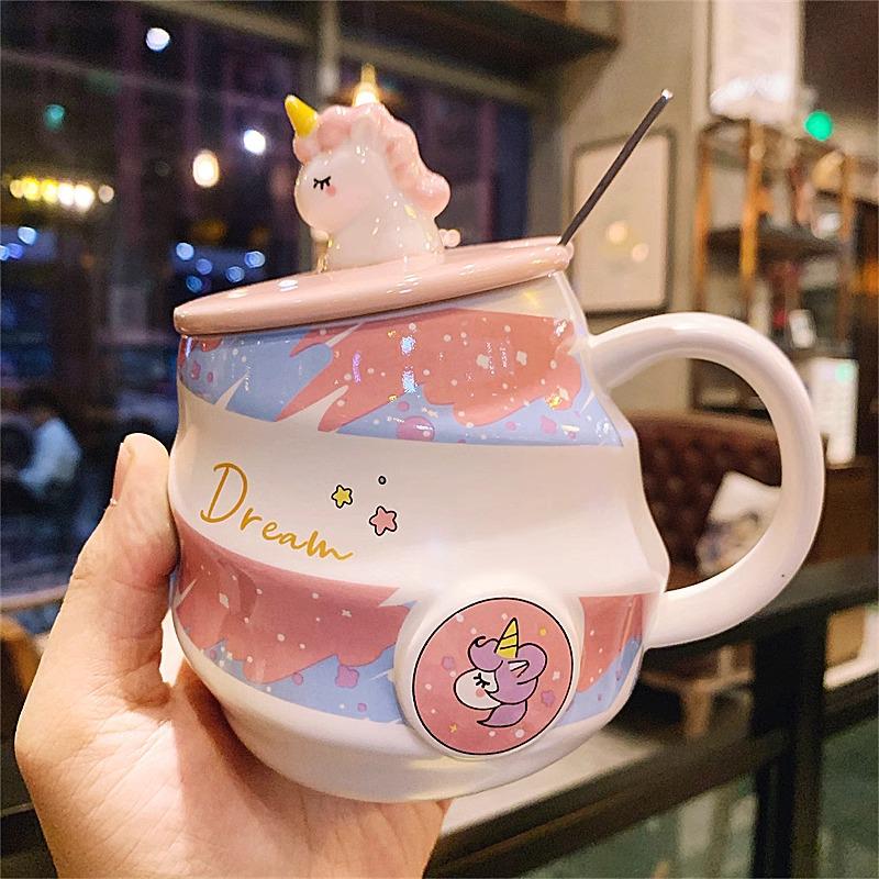 

Керамічна чашка-єдиноріг - Райдужна спіральна кавова чашка з кришкою та ложкою, Мила для дівчат 480ml