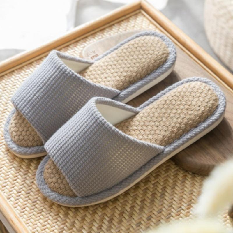 Summer home indoor couple linen slippers men and women open floor slippers non-slip soft bottom