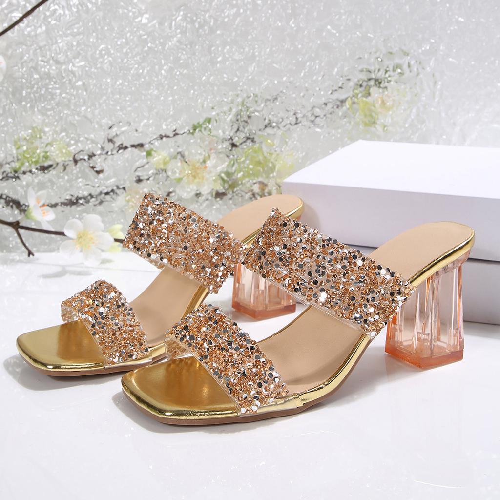 Fashion Women's Large Size Slippers 35-43 New Square Head Transparent Thick with 7.3 Cm Rhinestone Fashion Crystal Sandals High Heels