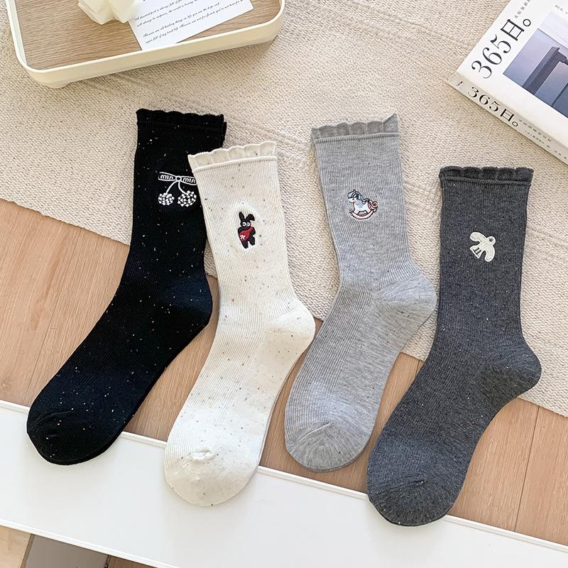 Lace Socks, Women's Summer Thin Mid-calf Socks, Trendy and Cute Embroidered Long Socks, Grey Spring and Autumn Pile Socks