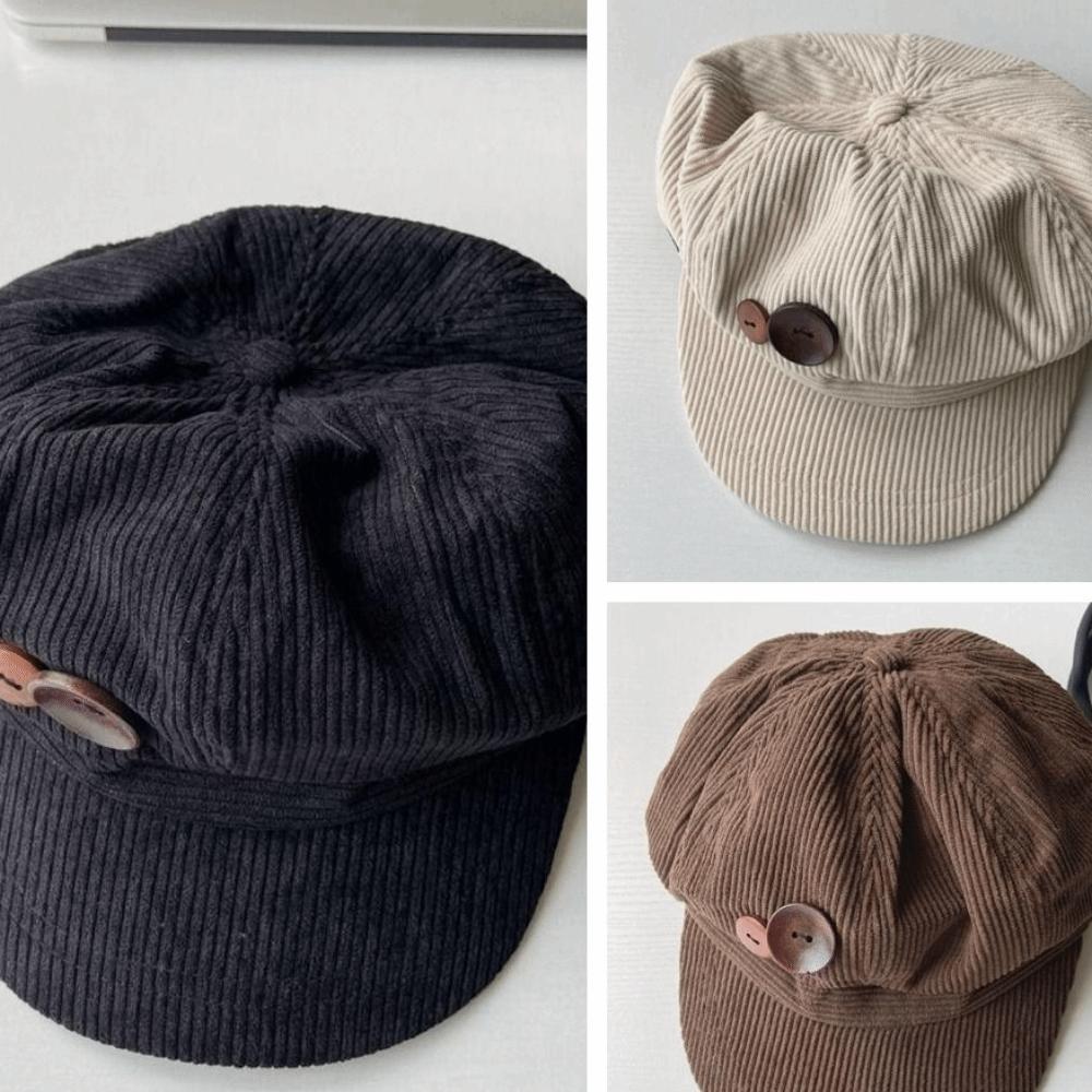 Harajuku Double Button Berets Hat Japanese Octagonal Hat Simple Corduroy Baseball Cap  Winter