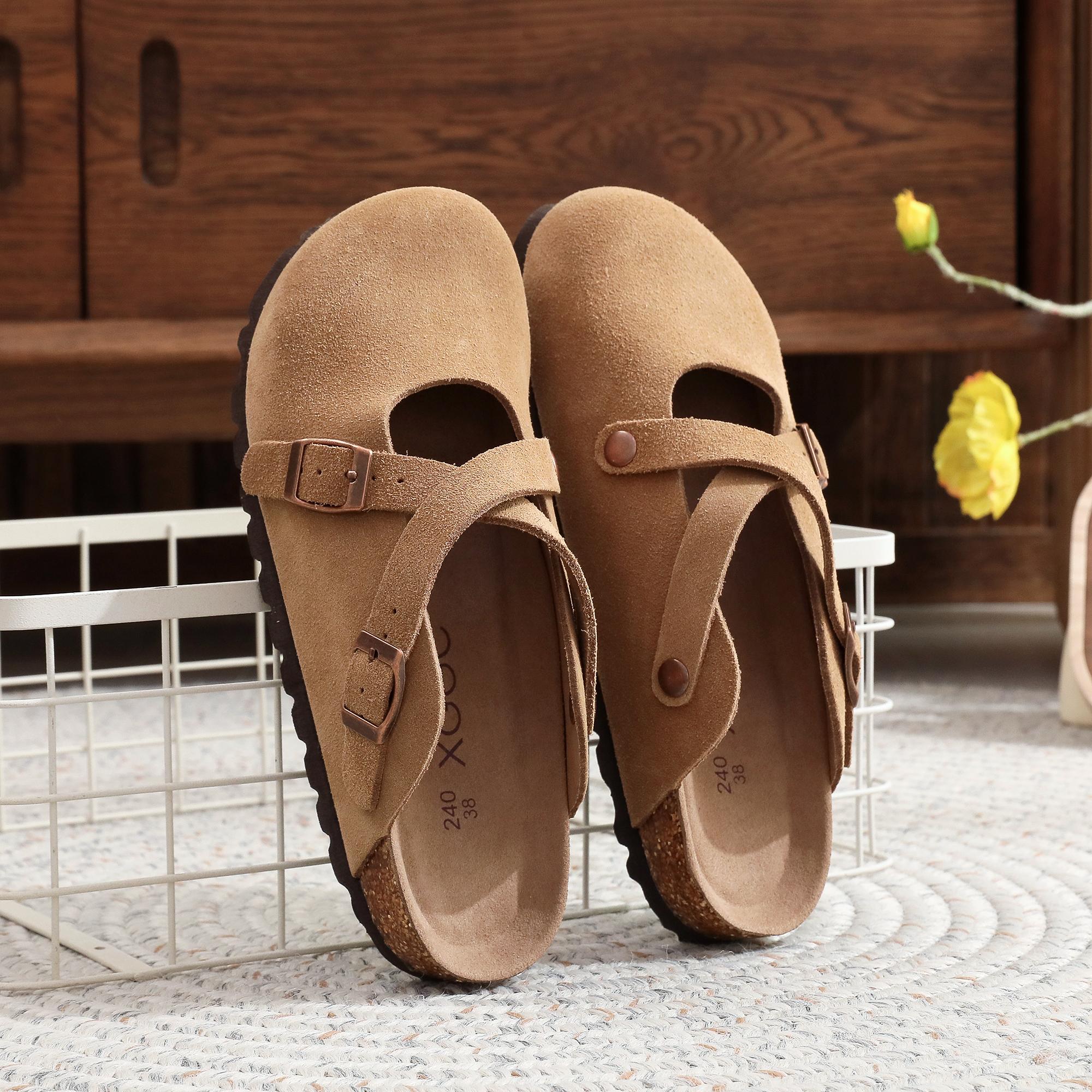 

2 перекрестных ремешка пробковые башмаки с пряжкой декор мюли круглый носок открытая задняя часть балетки слипоны для женщин мужчин унисекс пляжные тапочки 42