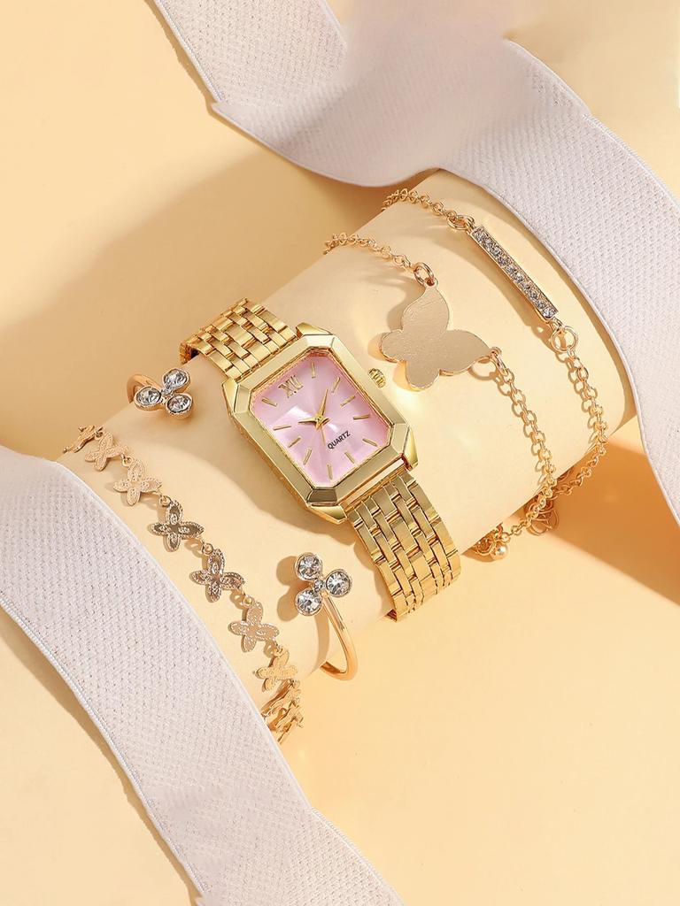 Fashion Light Luxury Alloy Material Women's Quartz Watch Bracelet Set of 5, Suitable for Thanksgiving Christmas Gifts