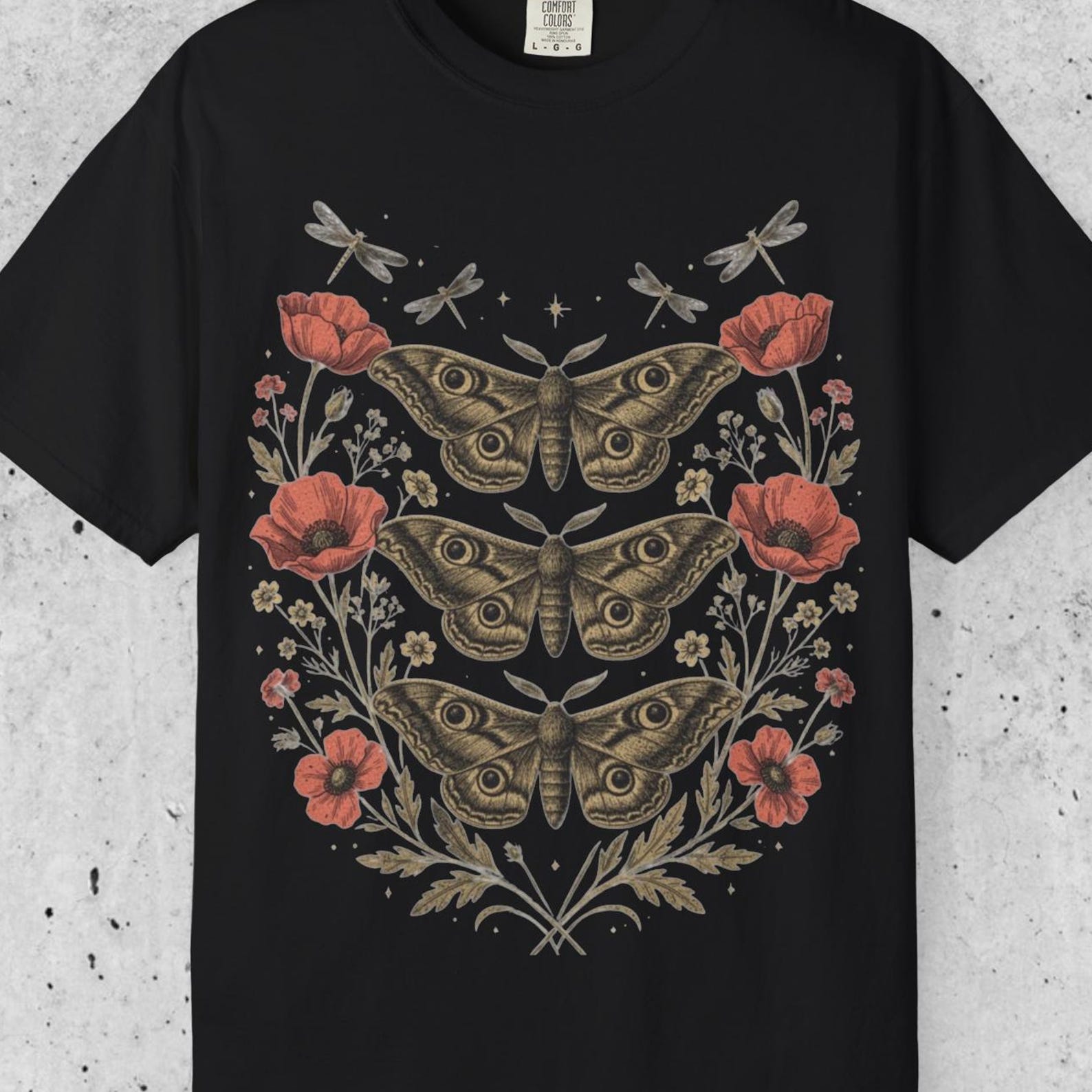 Comfort Colors Celestial Moth Shirt, Moth and Flovers T shirt, Witchy Moth Tee, Botanical Poppy Flowers Shirt, Trendy Night Garden Shirt L
