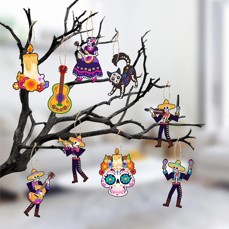 9 Stück Mexikanischer Tag der Toten Anhänger Aufhänger Schädel Horror Aufhänger Todestag Halloween Weihnachtsfeier Dekorationen
