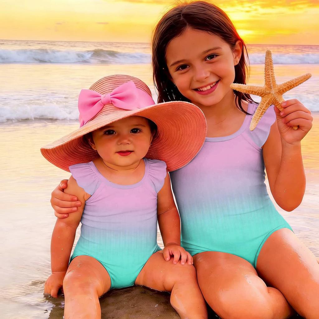 Girls One Piece Swimsuit Gradient Print Sleeveless Ruffle Shoulder Swimwear Summer Beachwear Kids Bathing Suit