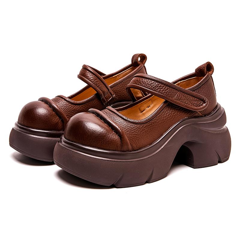 Fashion GKTINOO Retro Thick Soled Pumps Genuine Leather Wedges Shoes 2025 New Round Toe Versatile Women's Platform Shoes