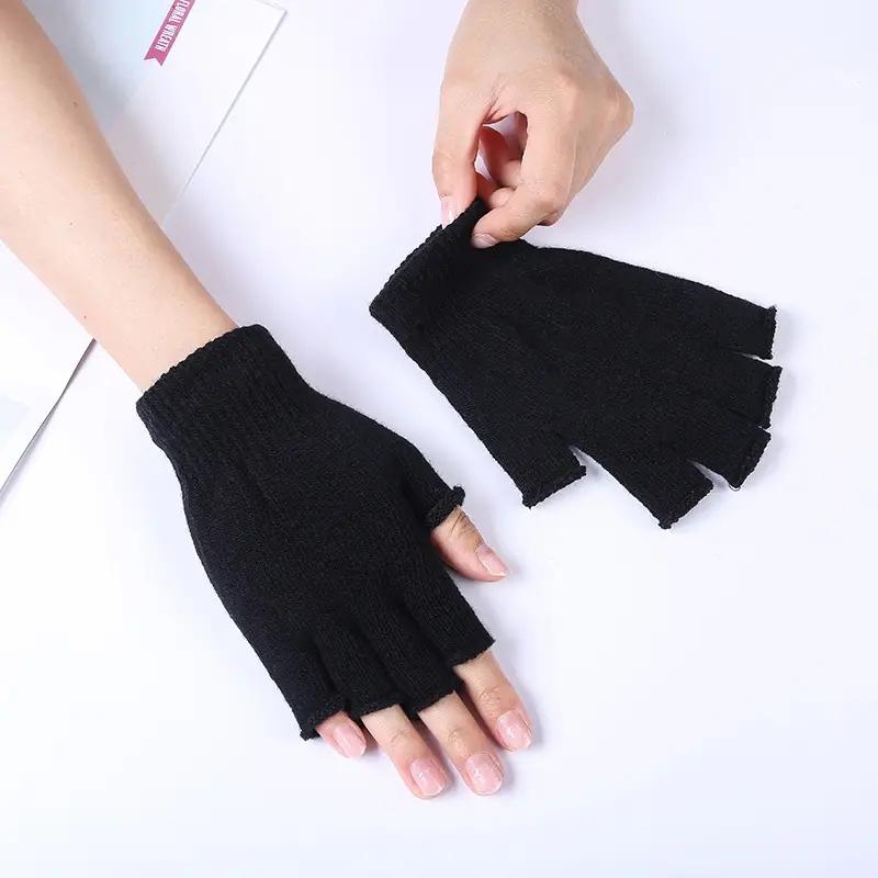 1Pair Black Short Half Finger Gloves Unisex Knitted Elastic Warm Wrist Glove Solid Color Winter Soft Guantes Cycling Accessories