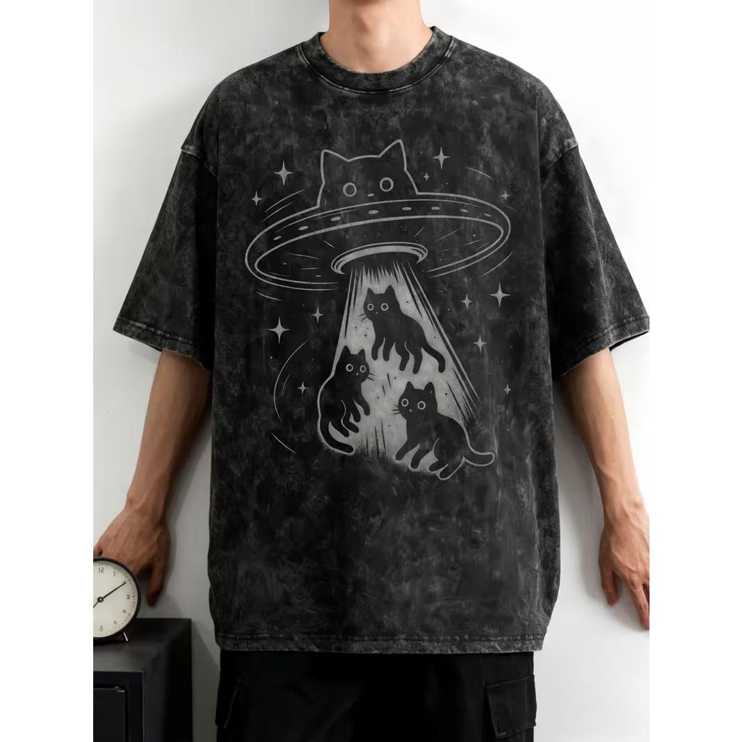 

Cat UFO Print Tee Cute Cartoon Neutral Tee Round Neck Cartoon Tshirt Punk Washed Black Couple Tshirt S