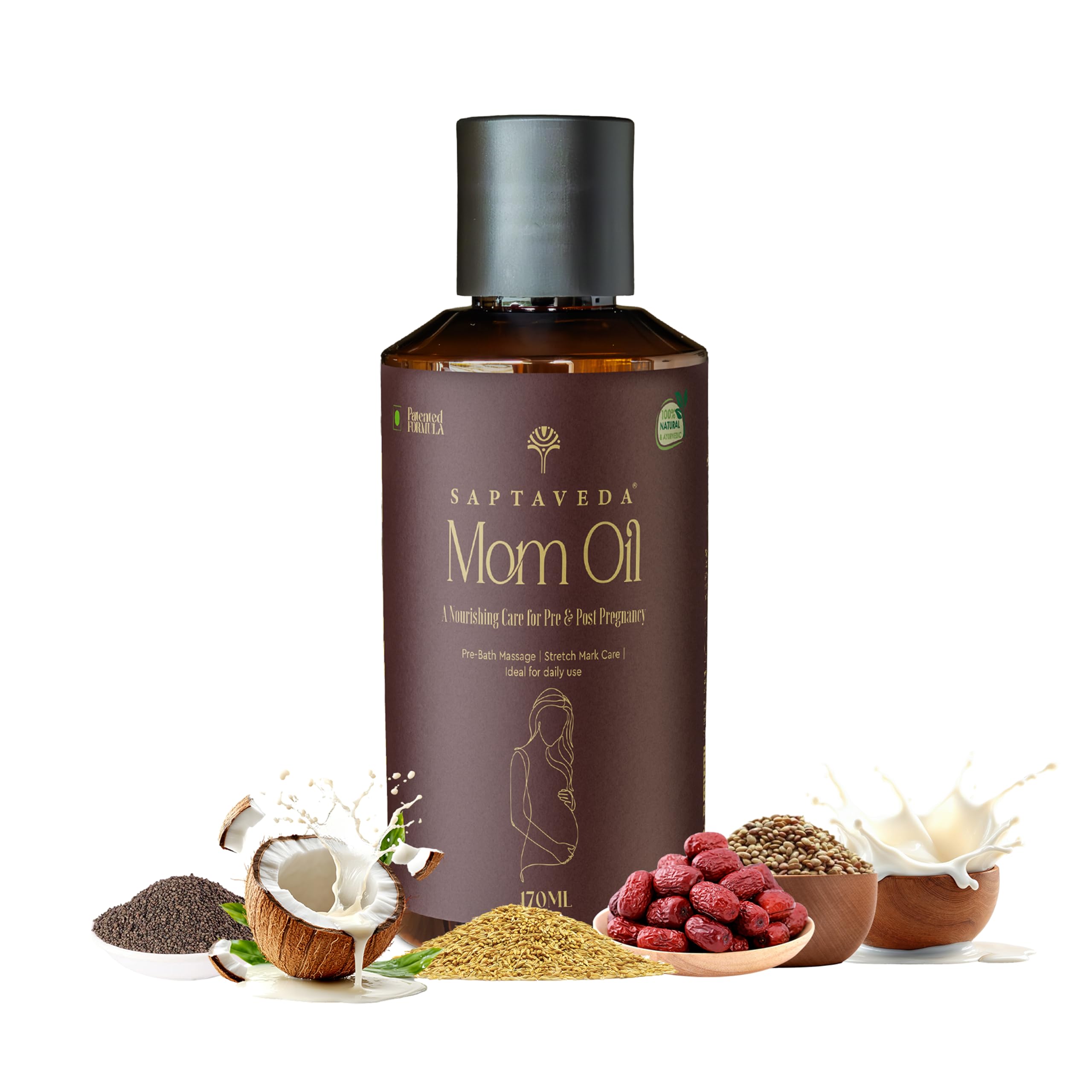 Saptaveda Mom Oil for Stretch Marks & Pigmentation | Pre and Post Pregnancy Nourishing Care | 100% Ayurvedic | Patented Formula | 170ml