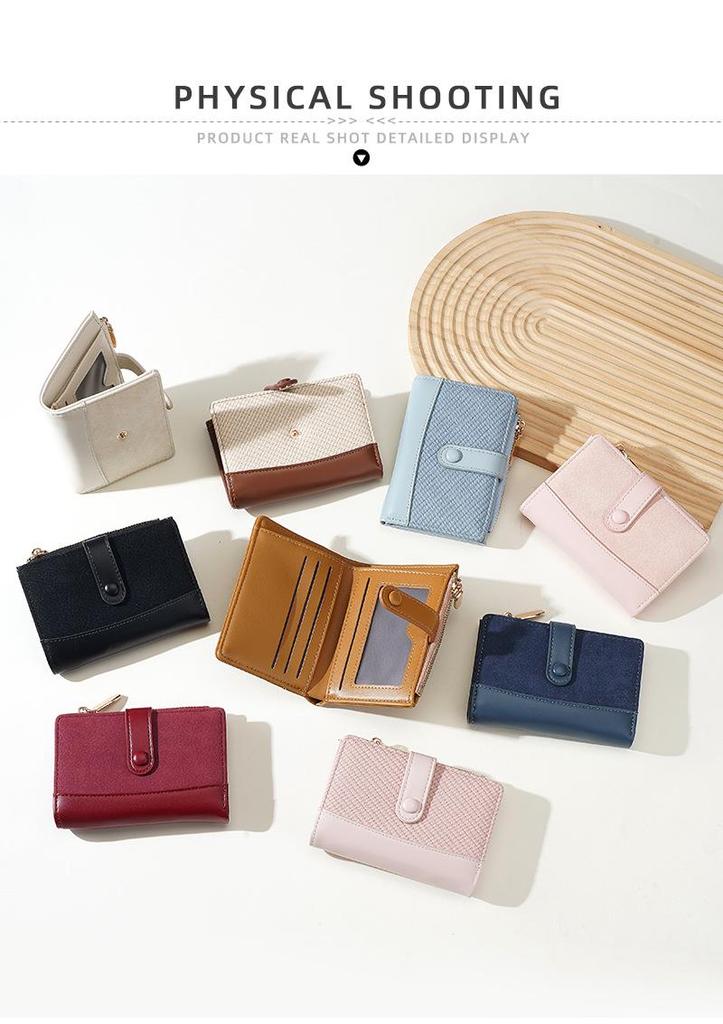 Korean Style Color Block Women's Wallet: Two-Fold with Snap Button, Zipper Coin Purse, Multiple Card Slots, and Large Capacity.
