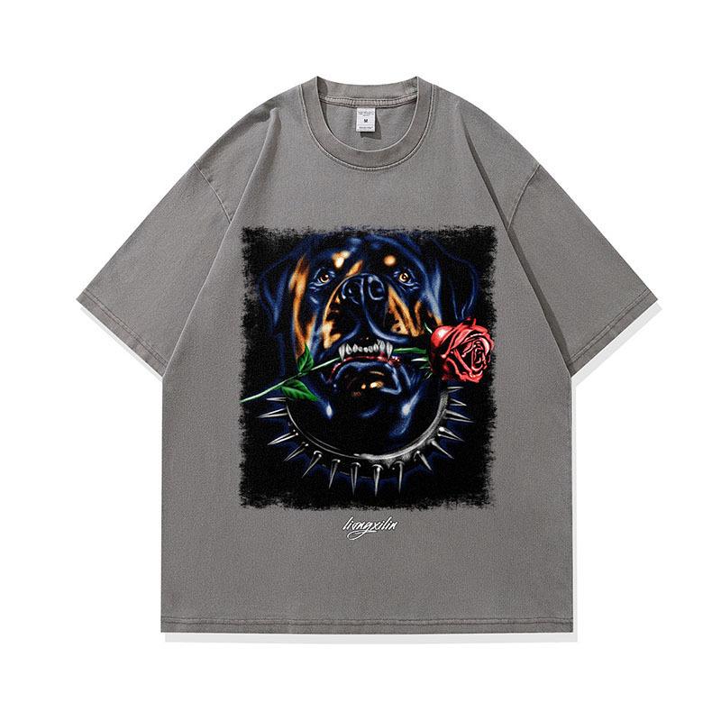 American Street T-Shirt Dog Head Rose Digital Direct Injection Printing Washing Water Cotton Short Sleeve T-Shirt Men