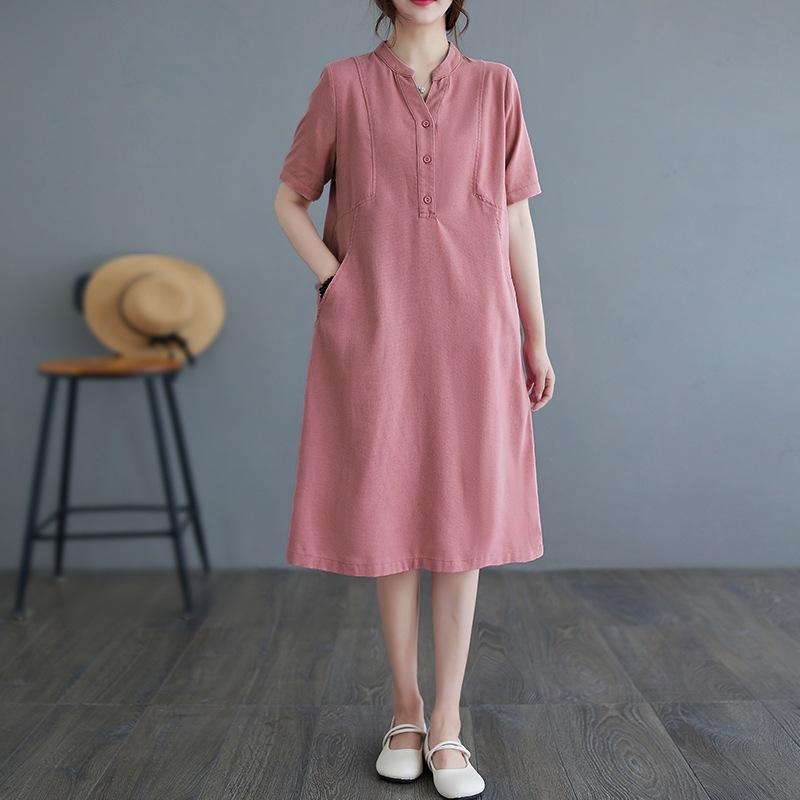 

Модное темпераментное хлопковое платье с короткими рукавами, повседневное, прикрывающее живот, универсальное, свободное, прямое, средней и длинной длины платье M розовый