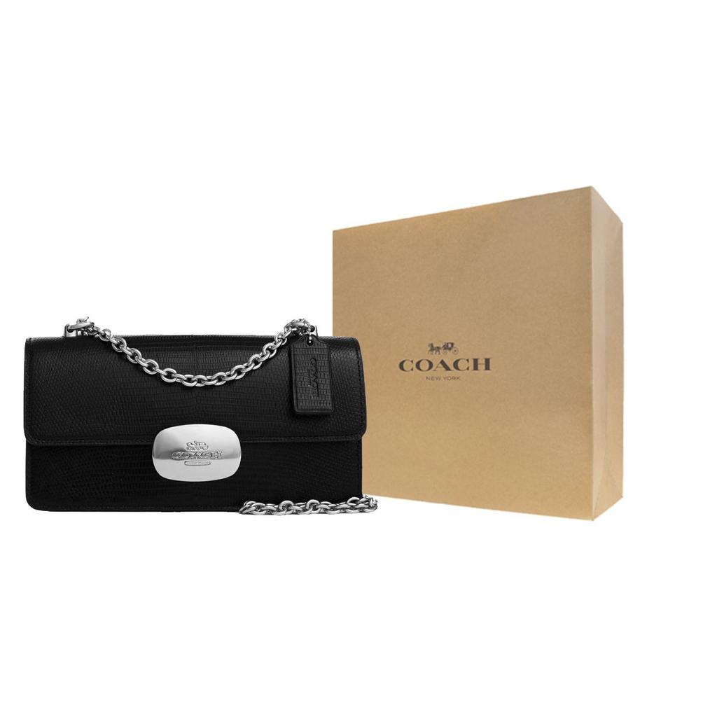 Coach Eliza 22 Flap Chain Shoulder Bag Lizard Embossed Leather Small Women shoulder bag Silver Black CR106-SVBK