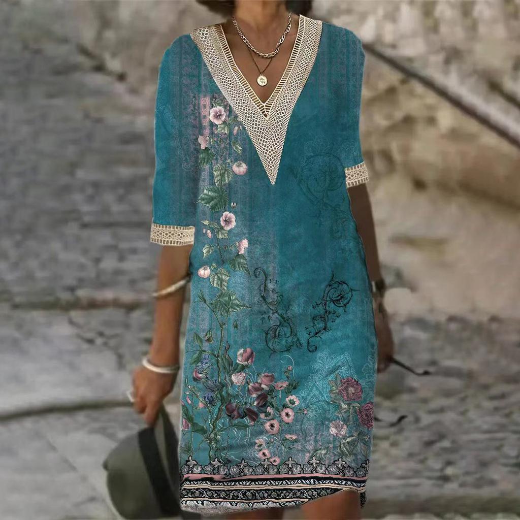 Women's Fashion Summer Spring 2/1 Sleeve V-Neck Casual Dresses