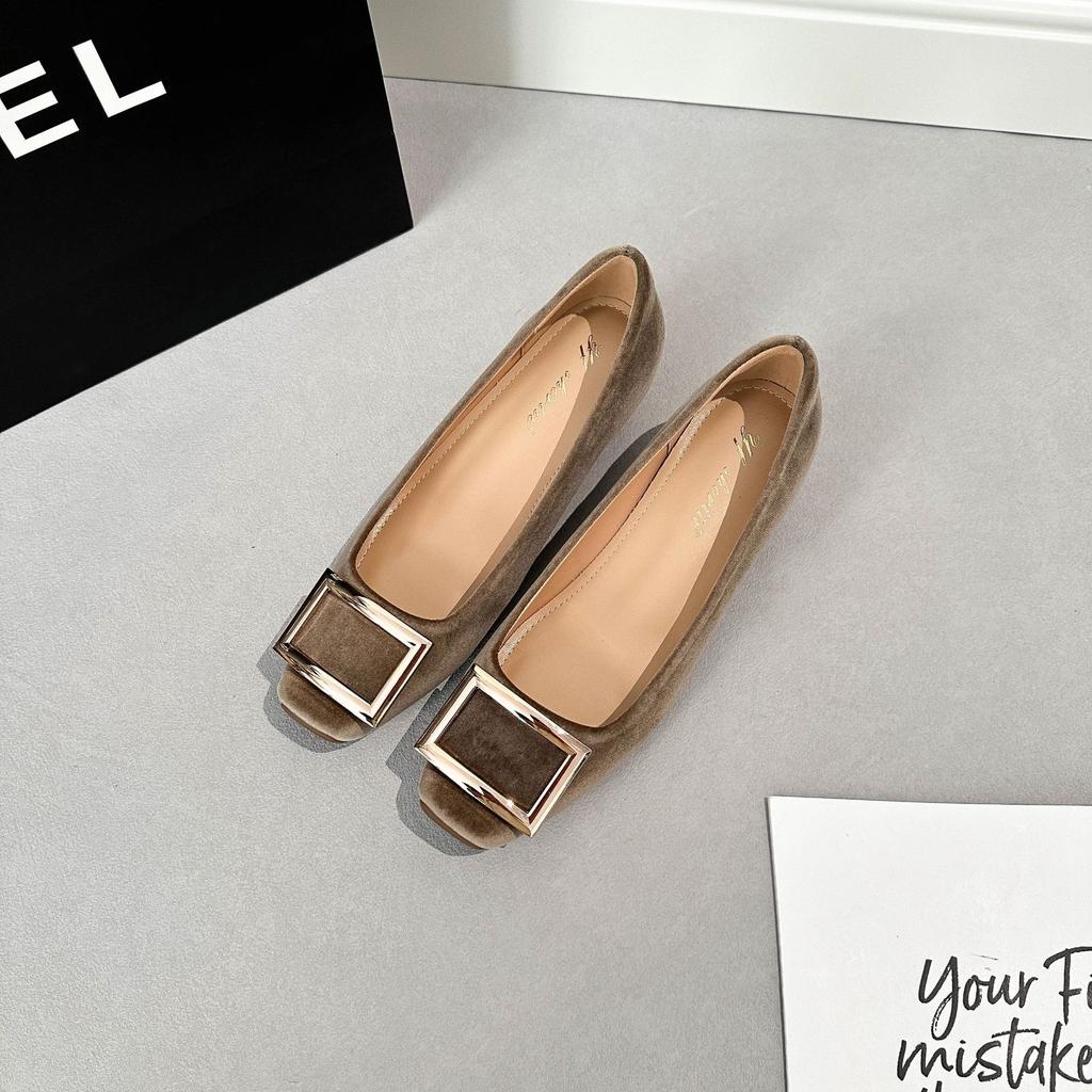 6 cm height increase, classic R home square buckle thick heel single shoes women's 2025 new European and American style suede square head high heels