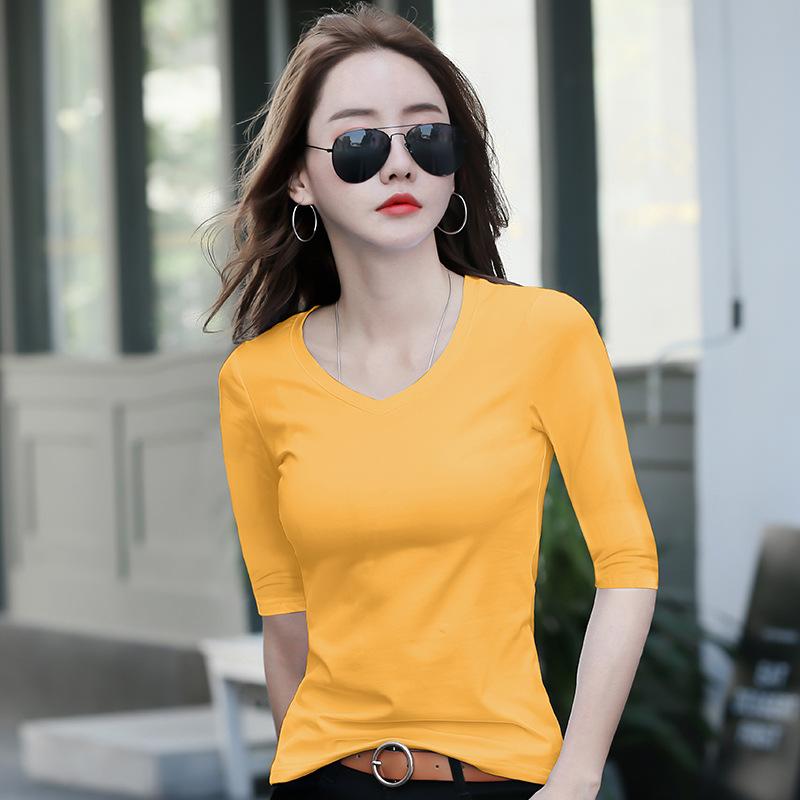 Women's T-Shirt Mid-Sleeve Women Bottoming Shirt with Half-Sleeve Woman T-Shirt Tight V-Neck Tops Tees
