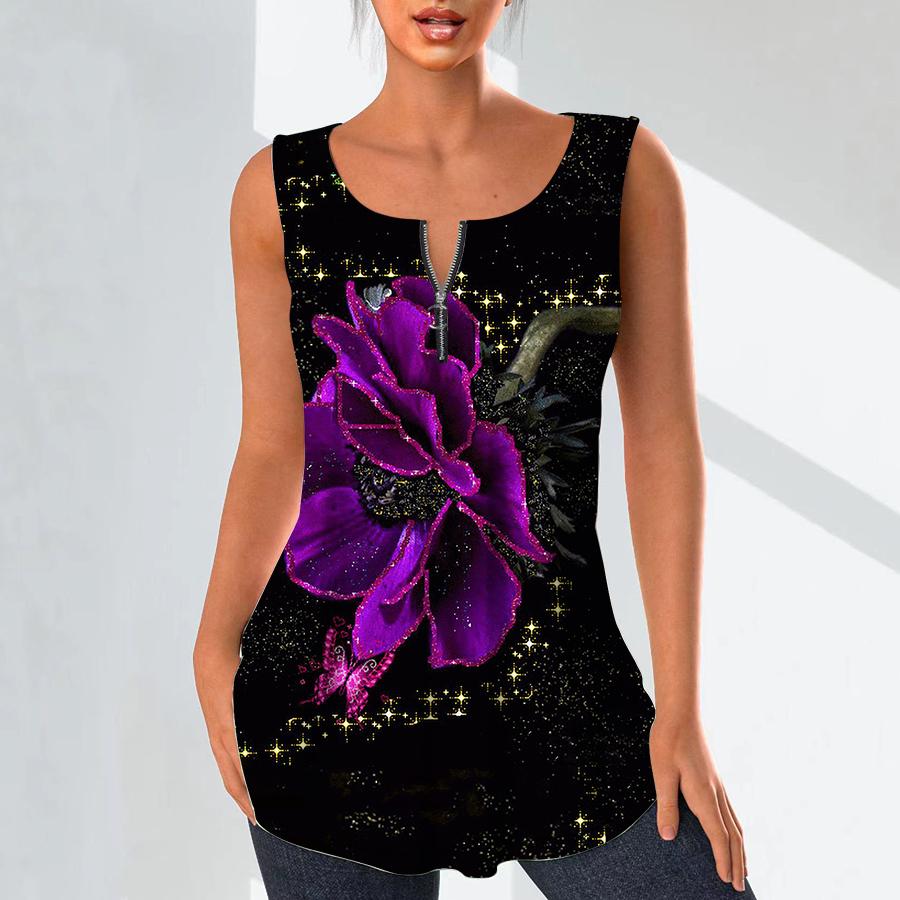 

Женские модные рубашки с v-образным вырезом, повседневные топы, футболка, женский жилет с 3D позолоченным цветочным принтом, блузка без рукавов больших размеров, топы на бретелях 6XL фиолетовый