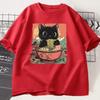 Cute Eating Ramen T-Shirt Women Adorable Graphic Tee Shirt Foodie and Cat Lover Tshirt Animal Printed Tees Top