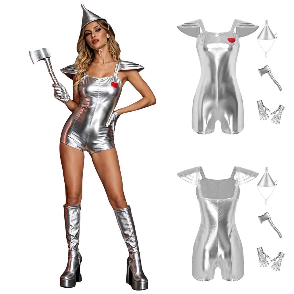 Womens Costume Sequin Heart Metallic Jumpsuit Tiered Cap Sleeve Back Invisible Zipper Bodysuit Hat Axe Gloves