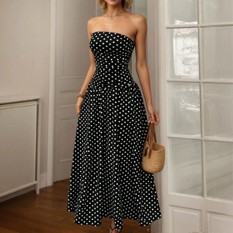 Women Retro Polka Dot Strapless Slim Fit A Line Long Dress