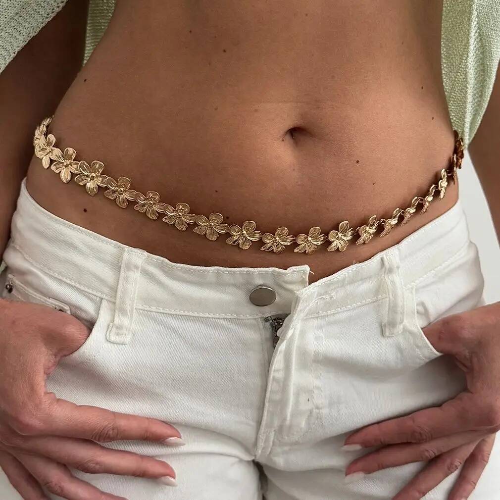 SHIXIN Bohemian Gold Color Metal Flower Belly Chain Women Sexy Bikini Adjustable Waist Chain Summer Beach Body Jewelry Y2K New