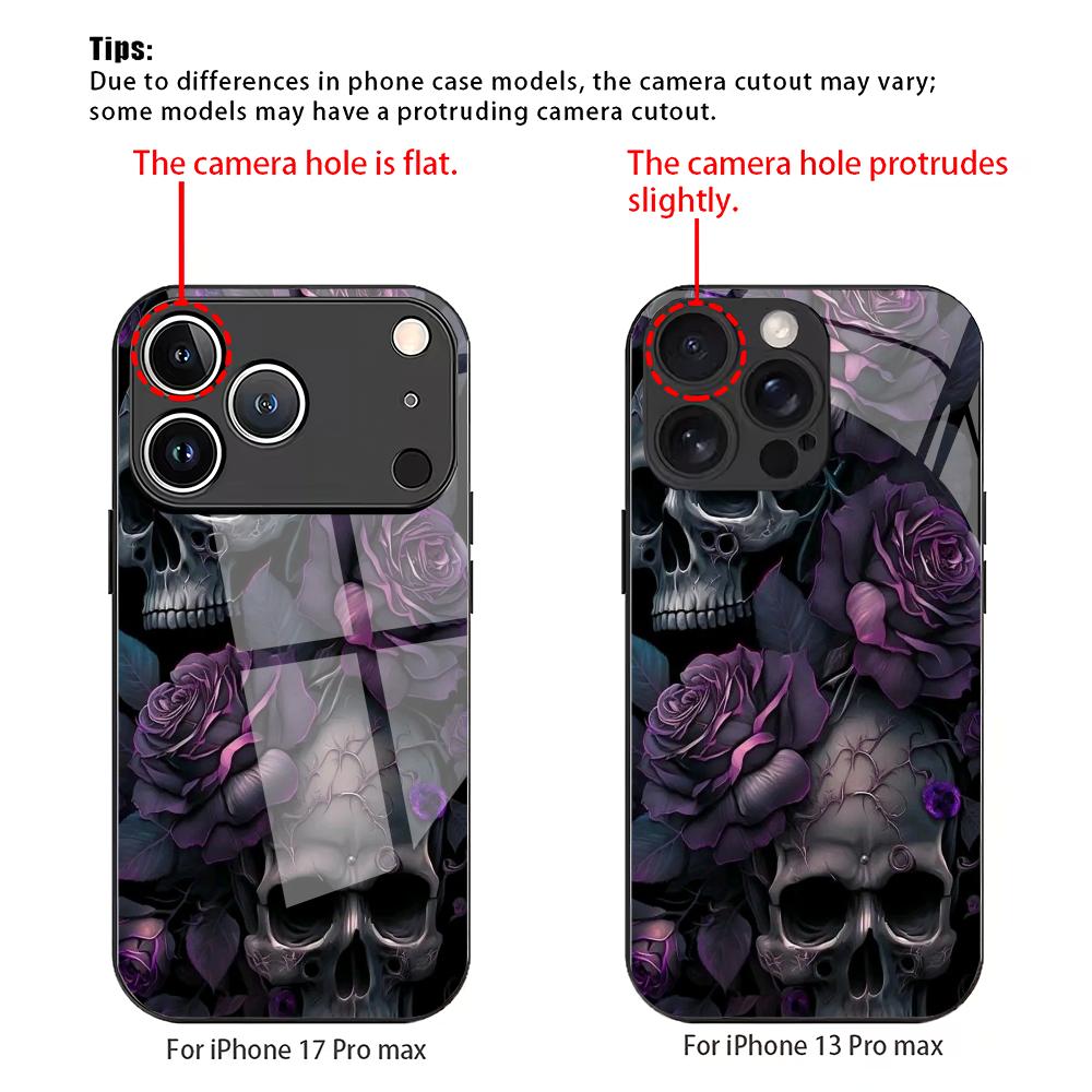 Purple flower skull pattern tempered glass phone case suitable for iPhone 17 16 15 14 13 12 11 Pro/Max/Plus anti drop back cover