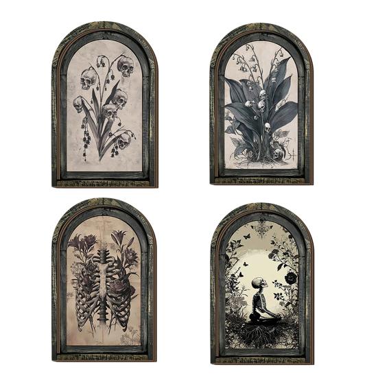 Dark Floral Halloween Art Arched Wooden Wall Decor, Ghost Cat Double-Layer Hanging Ornament, Distressed Gothic Medieval Window Style Decor Tabletop