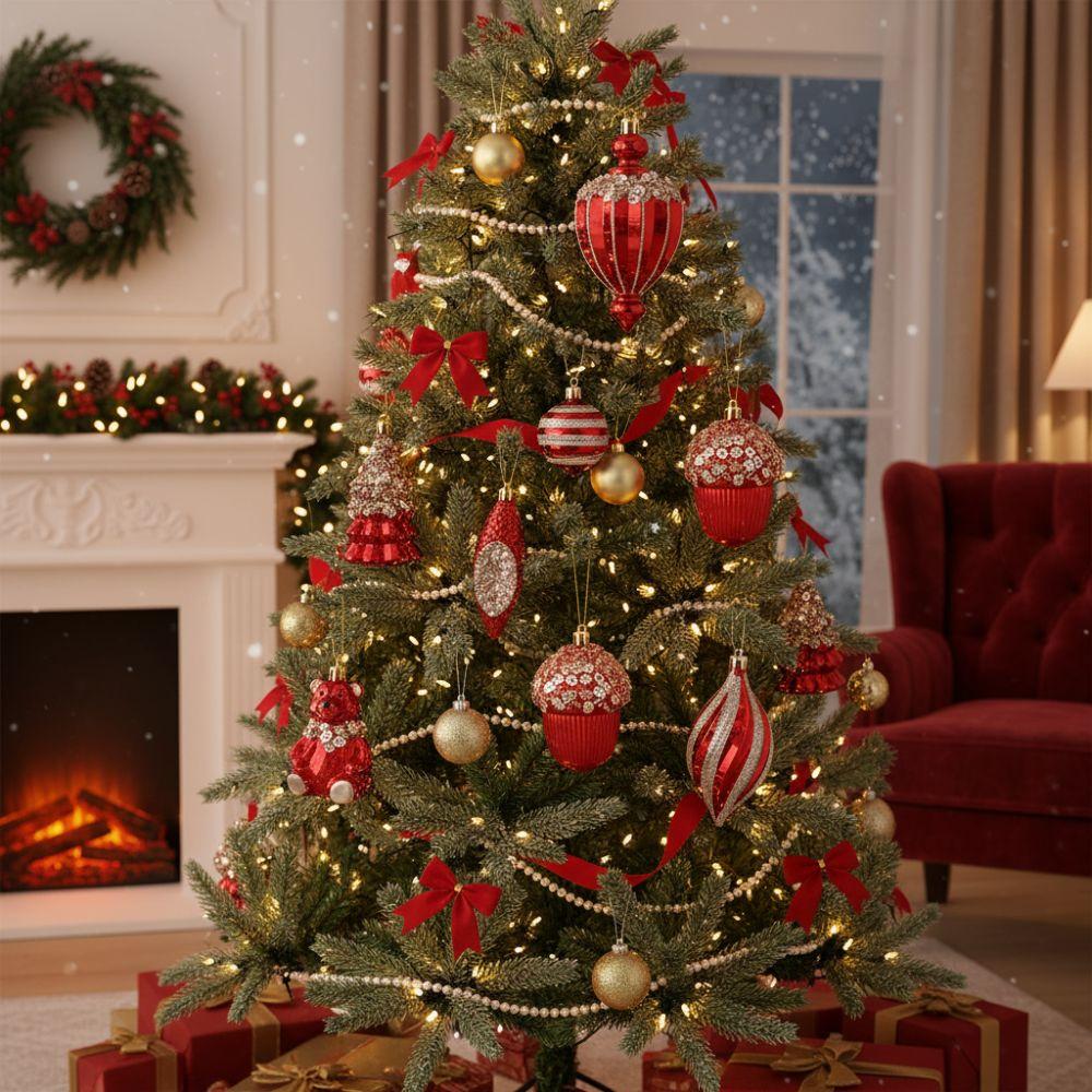 Red Christmas Tree Pendants Plastic Shatterproof Glitter Little Bear Ornaments DIY Crafts Acorn Christmas Hanging Balls