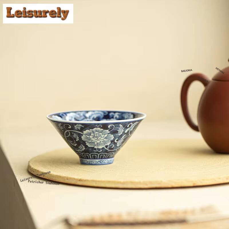 91ml Blue And White Lotus Peony Teacup Handmade Tea Bowl Jug Tea-tasting Personal Cup Jianzhan Master Cups For Tea Decoration