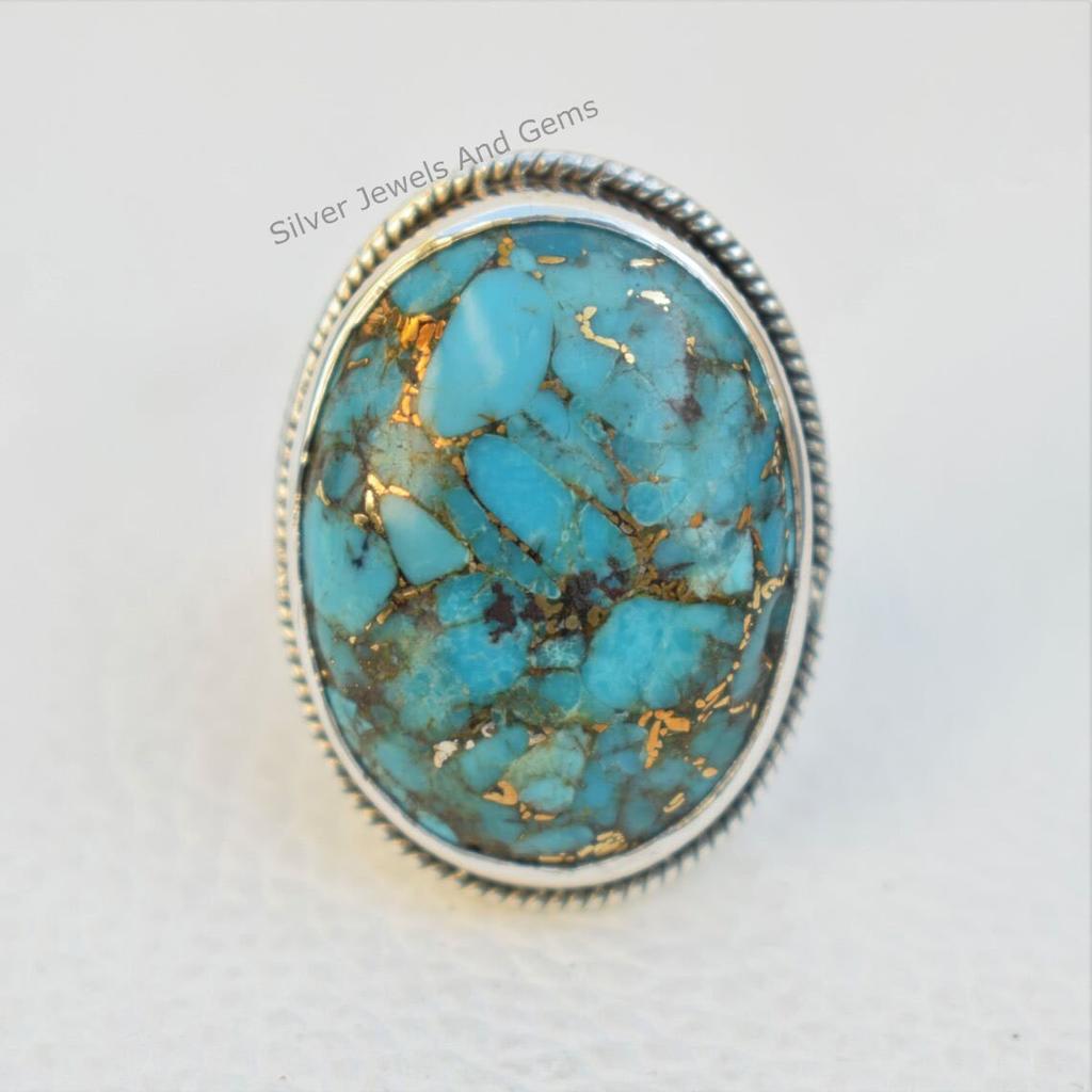 Blue Copper Turquoise Ring, 925 Sterling Silver Handmade Ring, Oval Gemstone Ring, December Birthstone, Promise Ring